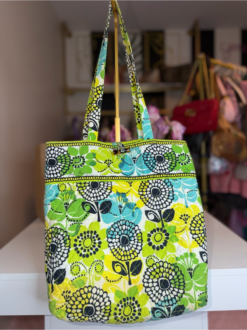 Vera Bradley Quilted Floral Tote in Lime Green, Aqua & Yellow